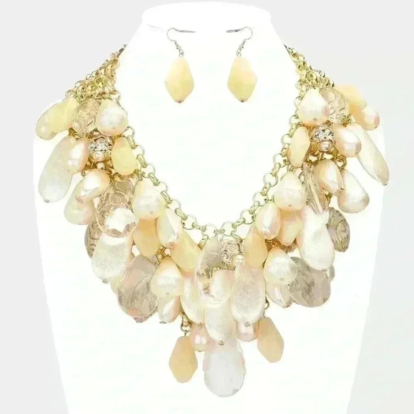 CHUNKY PEARL TEARDROP CLUSTER VINE NECKLACE & EARRING SET - Picture 1 of 2